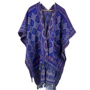 Lucky Brand Wool Cotton Geometric Shawl Wrap w/ Pockets Womens OS Boho Tapestry